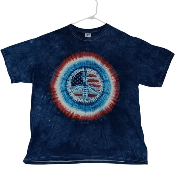 Gildan Other - Gildan Heavy Cotton Tee Mens XL Blue Tye Dye All Over Peace Flag Multi Hippy